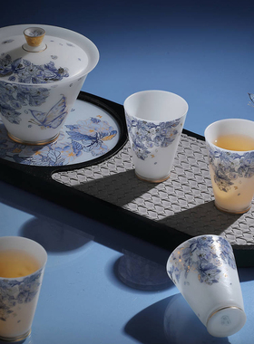高端家用盖碗四杯功夫茶具青花小套装轻奢送礼冰种玉瓷茶壶泡茶杯