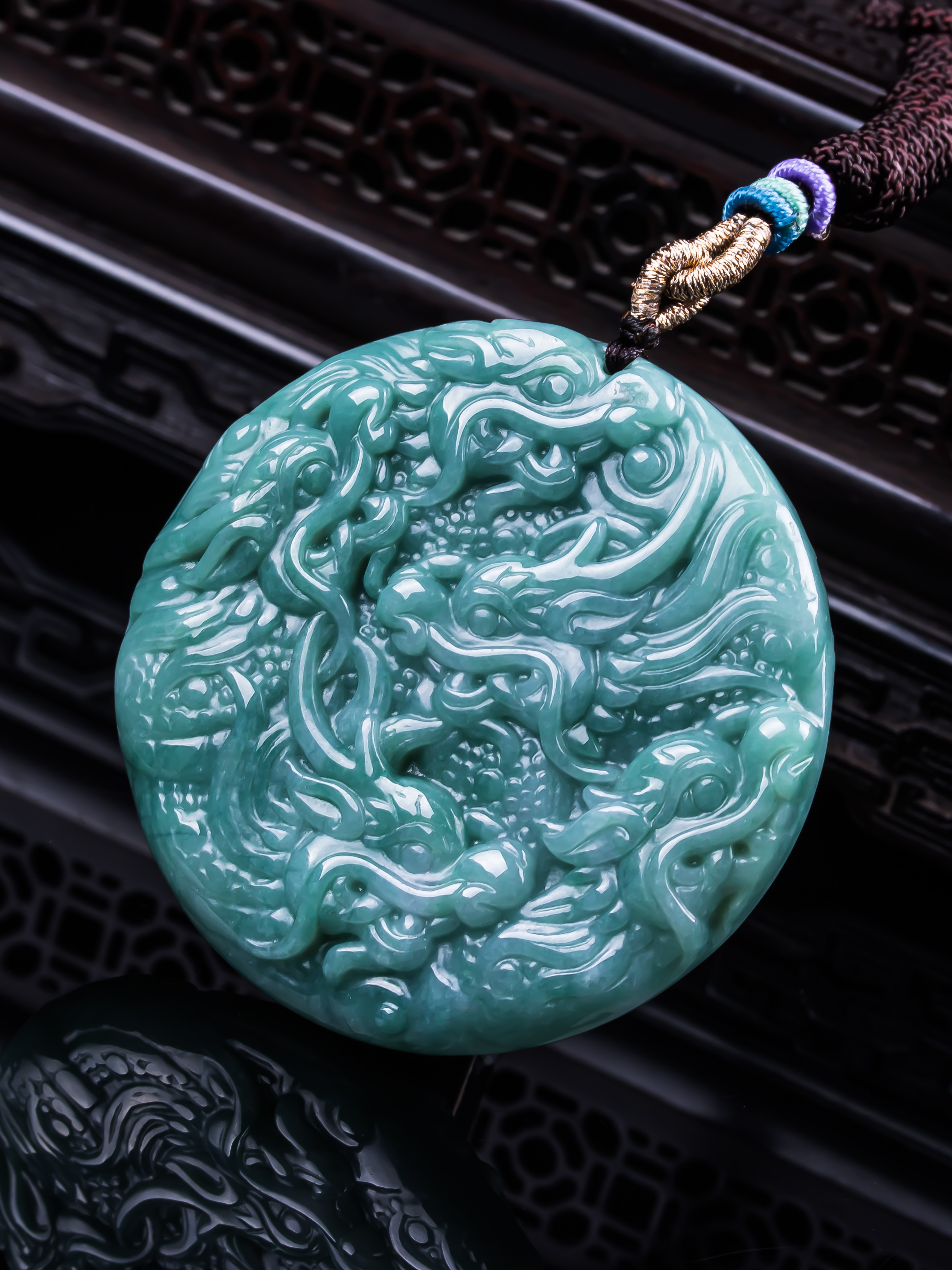 天然A货翡翠蓝水九龙护主吊坠霸缅甸翡翠