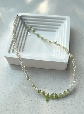 FJN Studio原创设计茉莉花开S925银扣天然橄榄石碎石珍珠项链女