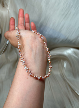 天然淡水极光粉花瓣项链女蕾丝感锁骨链S925纯银抽拉扣头链