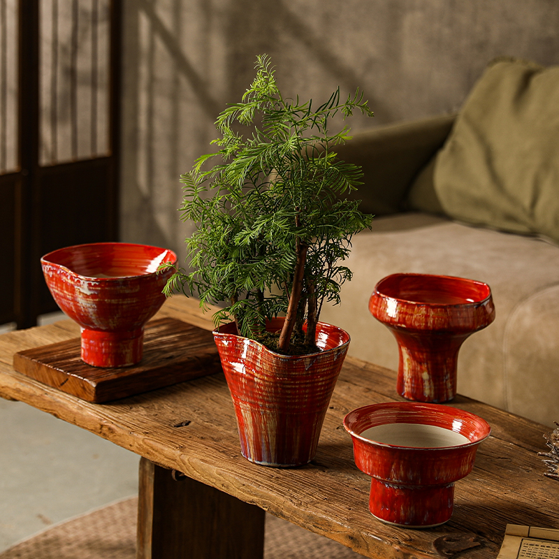 景德镇陶瓷花盆蝴蝶兰侘寂风彩绘红色插花花瓶透气高级感装饰摆饰