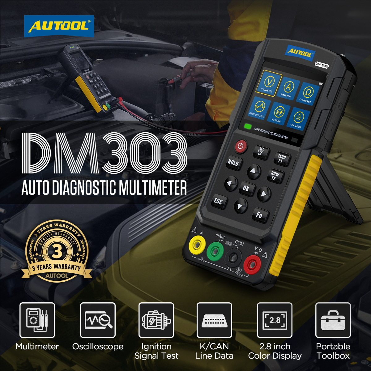 AUTOOL DM303汽车诊断万用表示波器模拟信号频率线路检测仪测试笔