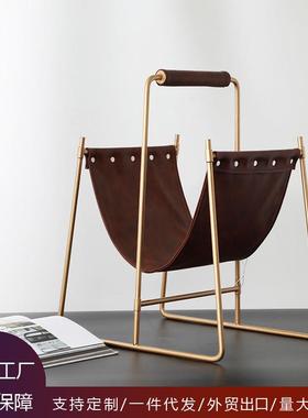 轻奢样板房酒店会所软装铁艺 棕色皮革杂志架 后现代欧式家居摆件