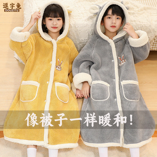 儿童双层加厚睡袍男女童秋冬季 复合法兰绒睡衣中大童家居服 长款