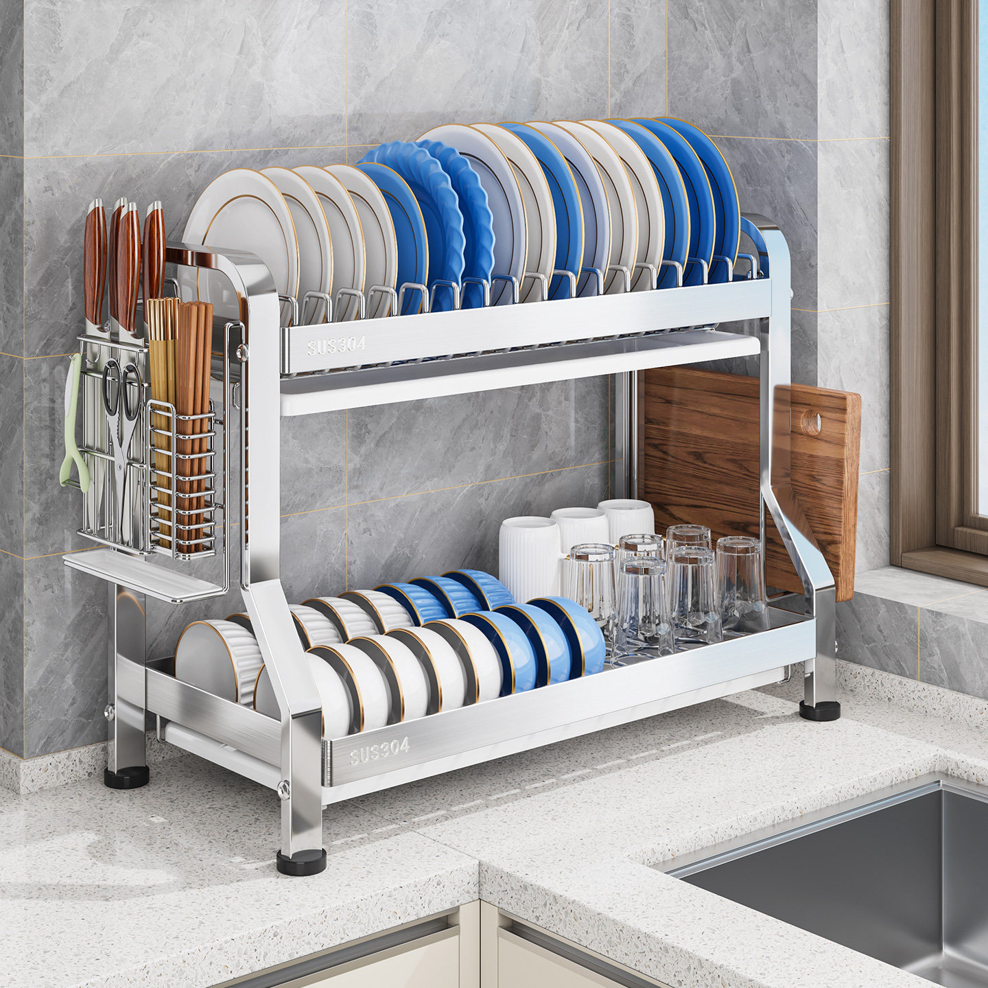 304不锈钢碗架沥水架厨房多功能碗碟菜盘筷子菜板收纳置物架台面