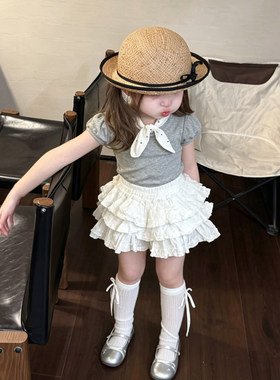 儿童套装2026夏季新款女童灰色泡泡短袖上衣宝宝韩系蛋糕半身短裙