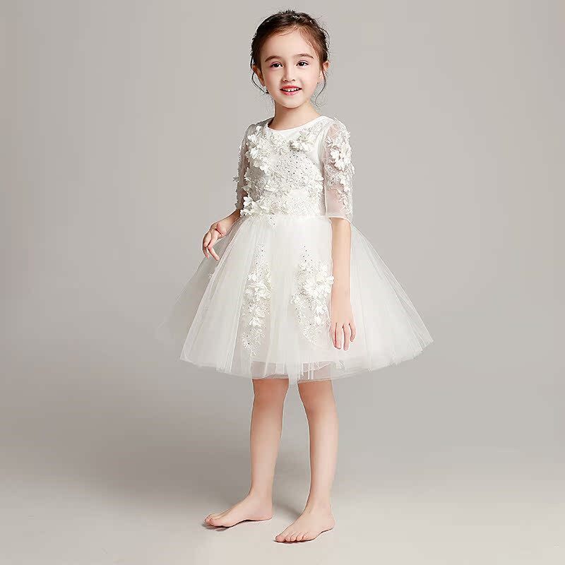 儿童礼服公主裙女童晚礼服婚纱裙中袖绣花朵小花童白冬季新款2018