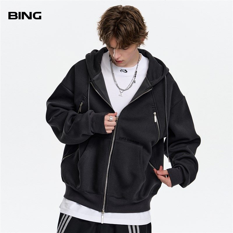 BING 美式多拉链开衫卫衣男女款高级感情侣vintage连帽外套春秋季