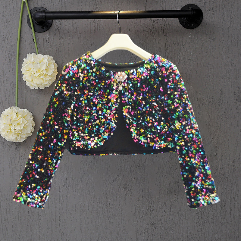 儿童黑色披肩长袖女孩公主披风走秀礼服女童演出闪亮片外搭斗篷秋