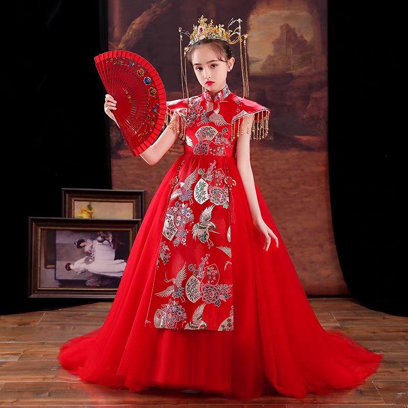 女童礼服高端洋气国潮旗袍儿童t台走秀演出服高端拖尾洋气中国风