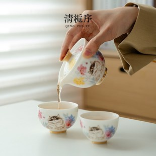 栖梧  羊脂玉白瓷一壶两杯快客旅行茶具可爱猫咪懒人户外便携套装