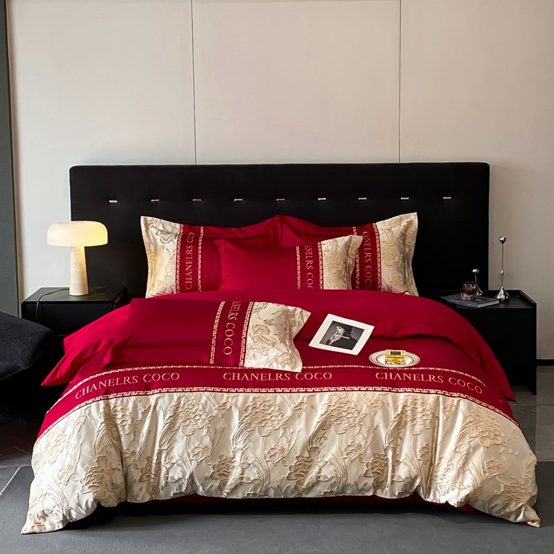 轻奢风婚庆四件套红色拼接被套纯棉结婚床单新房乔迁全棉床上用品