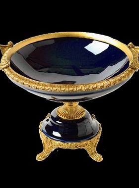 欧式美式陶瓷配铜宝蓝色摆件高端奢华摆设品别墅软装花瓶果盘