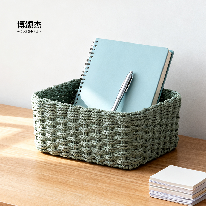 桌面收纳盒化妆品整理盒复古杂物置物篮床头衣柜藤编织篮子收纳筐