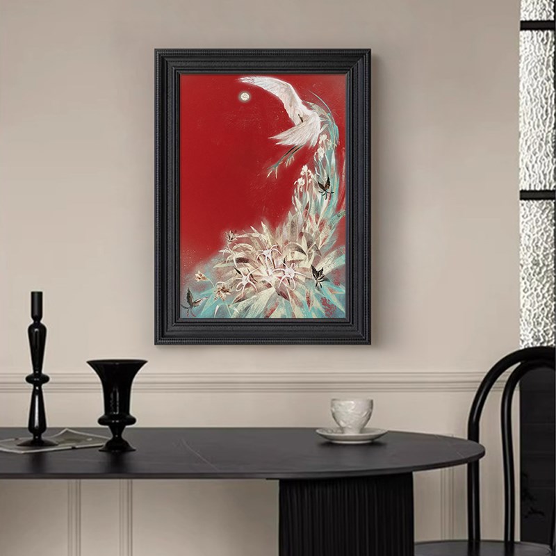 新中式红色系蝴蝶仙鹤客厅餐厅装饰挂画牡丹花卉玄关丙烯手绘油画图片