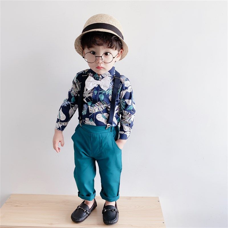 男童西装宝宝欧美风衬衫背带裤套装婴儿周岁生日礼服春秋款花童