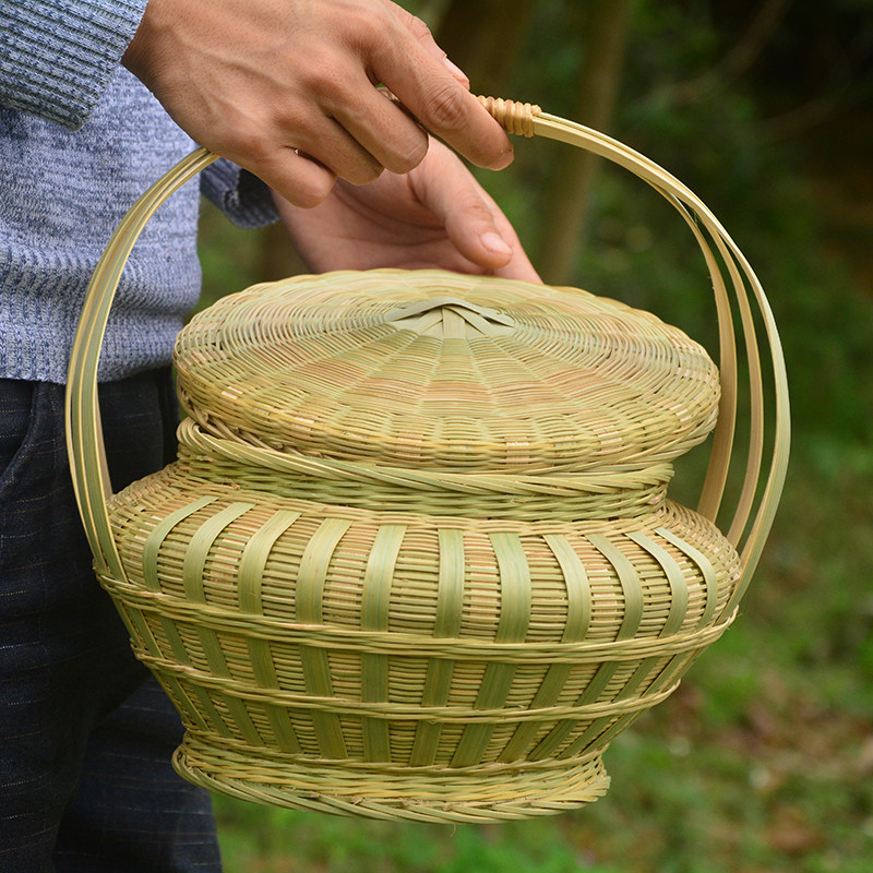 手提竹编带盖篮子纯手工编织圆形礼盒 家居收纳篮户外野餐糕点篮