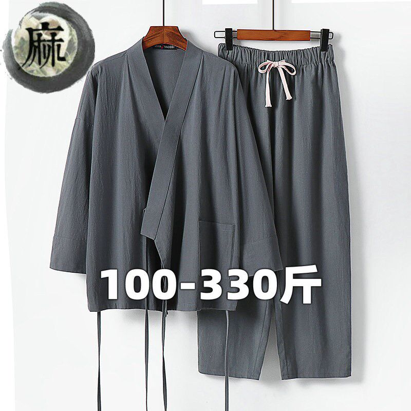 中国风亚棉麻套装七分袖大码w唐装改良汉服道袍太极运动棉麻两件