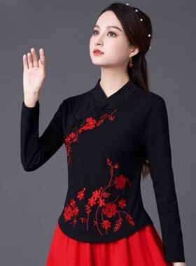 新款中国风广场舞j服装春装新款民族风刺绣长袖上衣复古盘扣立领