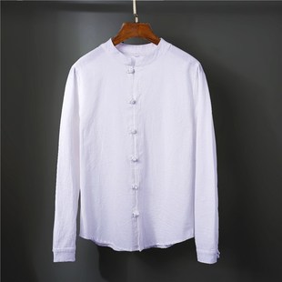 中国风春b季盘口亚麻衬衣男白衬衫唐装中式上衣内搭打底衫复古立