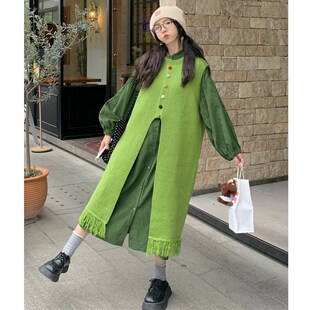 大码女装2024秋冬胖mm木耳边长款连衣裙+叠穿流苏马甲针织连衣裙