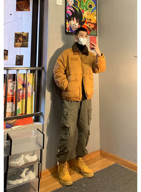 重头来过面包服外套男冬季工装潮流纯色宽J松美式棉衣百搭翻领铺