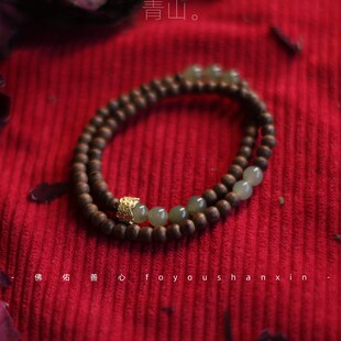 佛佑善心天然沉香两圈手链檀香手串和田碧玉绕指柔指尖文玩佛珠