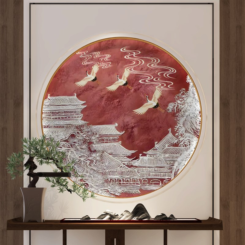 新中式圆形装饰画餐厅走廊过道玄关3d立体浮M雕客厅壁画画芯壁纸8图片