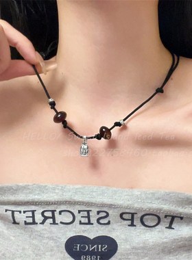 抽拉可调新中式黑绳编绳项链女藏式虎眼石吊坠国风复古装饰锁骨链