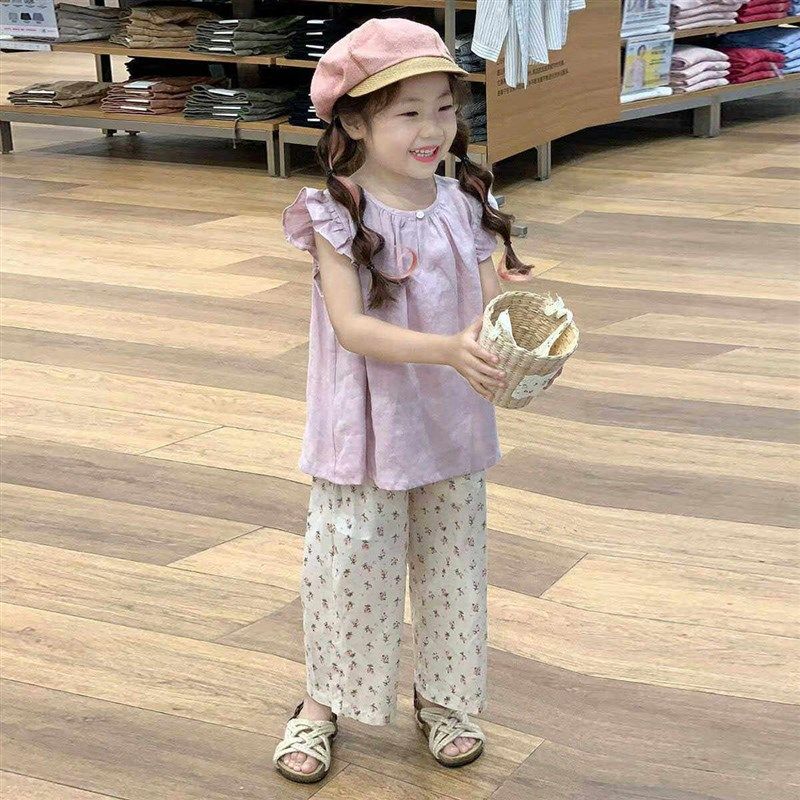 韩版童装2025夏季新款粉色小飞袖背心女童无袖娃娃衫碎花阔腿裤子,童装/婴儿装/亲子装,套装,淘宝优惠券,粉丝福利购,淘宝优惠卷