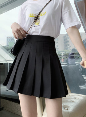 2021春款短裙黑色半身裙女高腰a字褶皱百褶裙大码胖mm显瘦学生裙