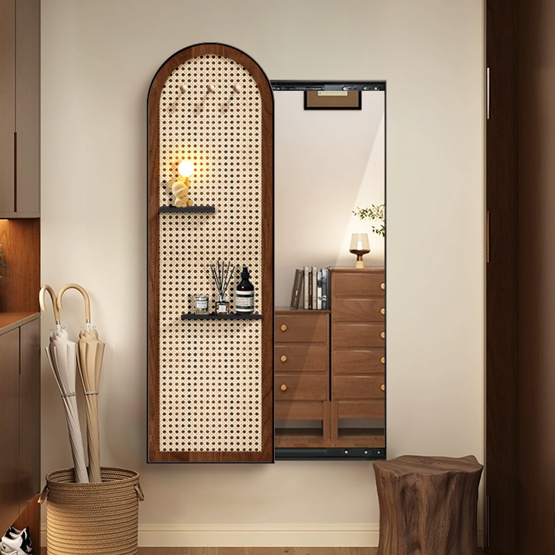 中古风穿衣镜隐藏式玄关r推拉式全身镜装饰画可置物收纳隐形镜子