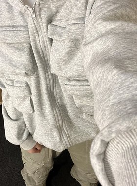 F383 2024美式复古多口袋灰色连帽卫衣男女P百搭开衫外套宽松情侣