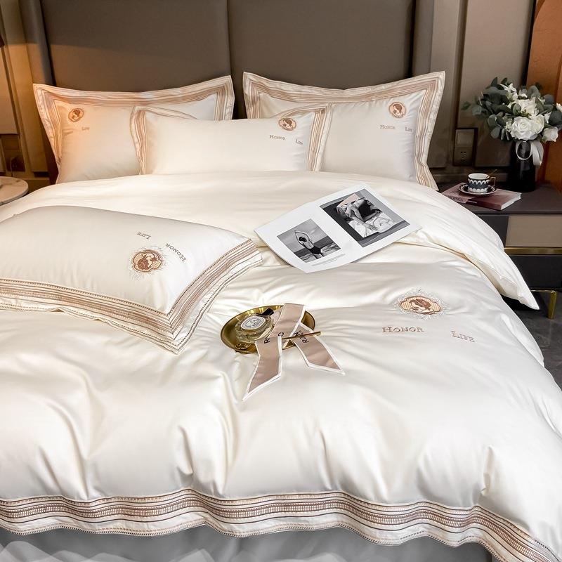 轻奢长绒棉刺绣四件套100全棉纯棉简约被套双人纯色床单四季通用