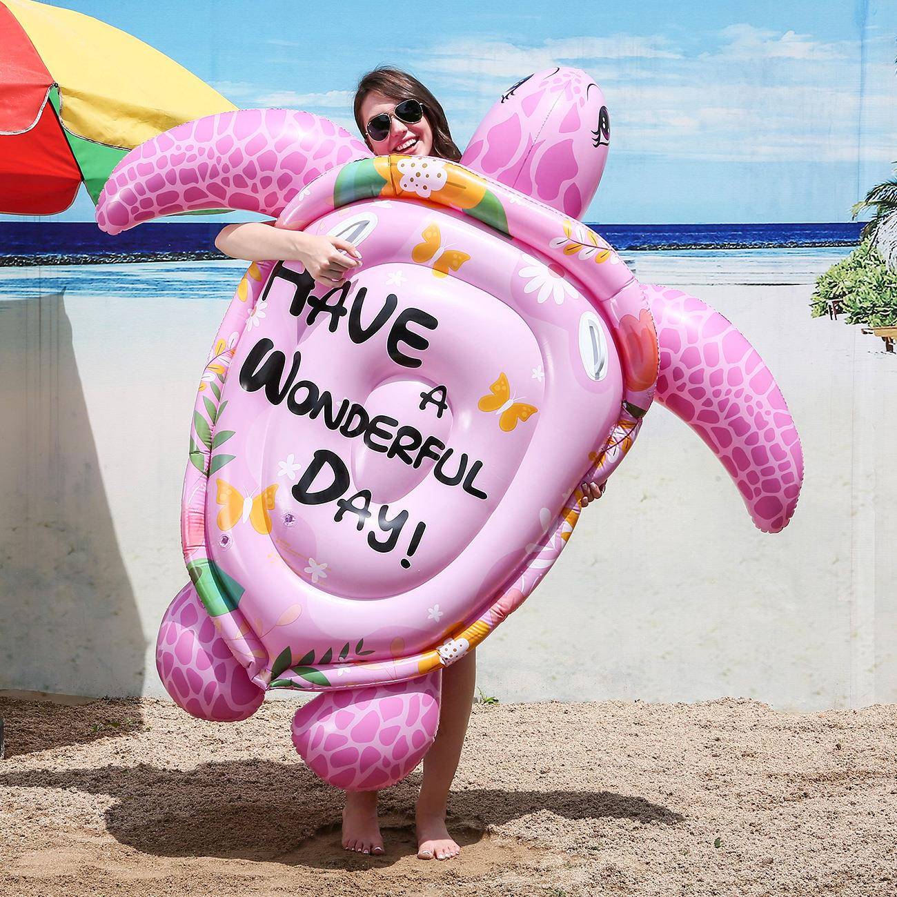 充气浮排粉色海龟坐骑成人网红水上浮床浮标戏水玩具拍照摄影道具