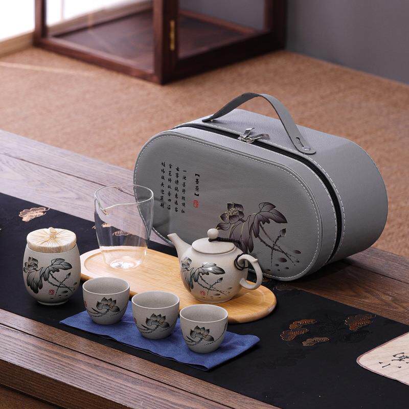 粗陶旅行茶具带茶盘茶巾便捷式旅行茶具快客杯随身户外泡茶壶套装