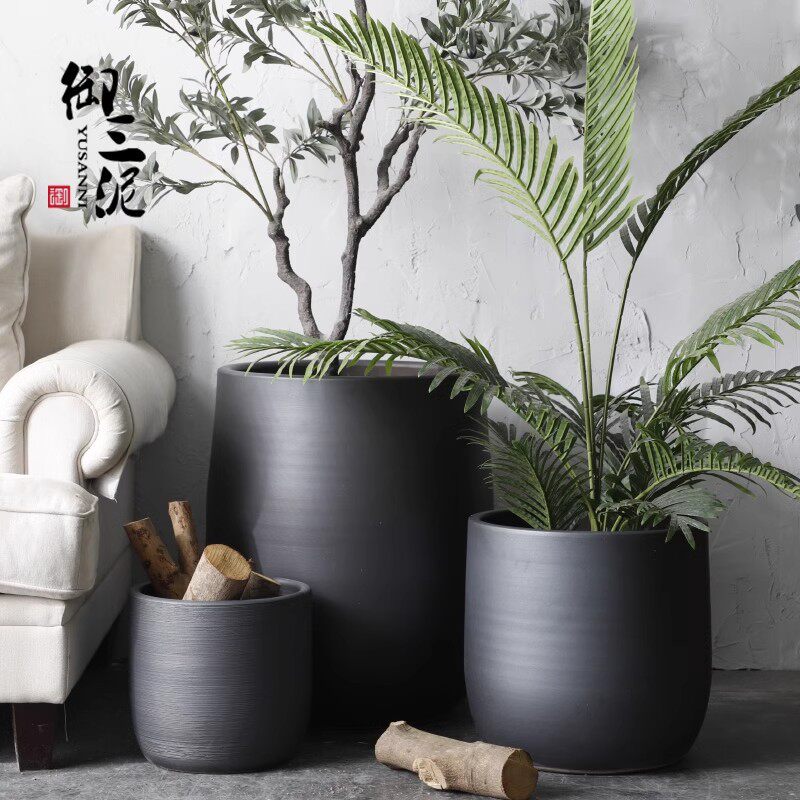 落地大花盆现代简约花瓶室内客厅植物橡皮树黑色大口径陶瓷装饰品
