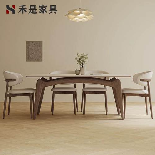 北欧高端奶油风白蜡木岩板餐桌台小户型极简长方形家用实木饭桌子