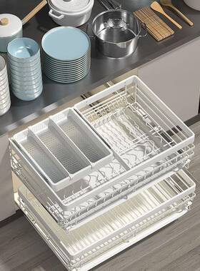 白色奶油风不锈钢拉篮双层碗碟篮厨房橱柜碗盘架抽屉新品