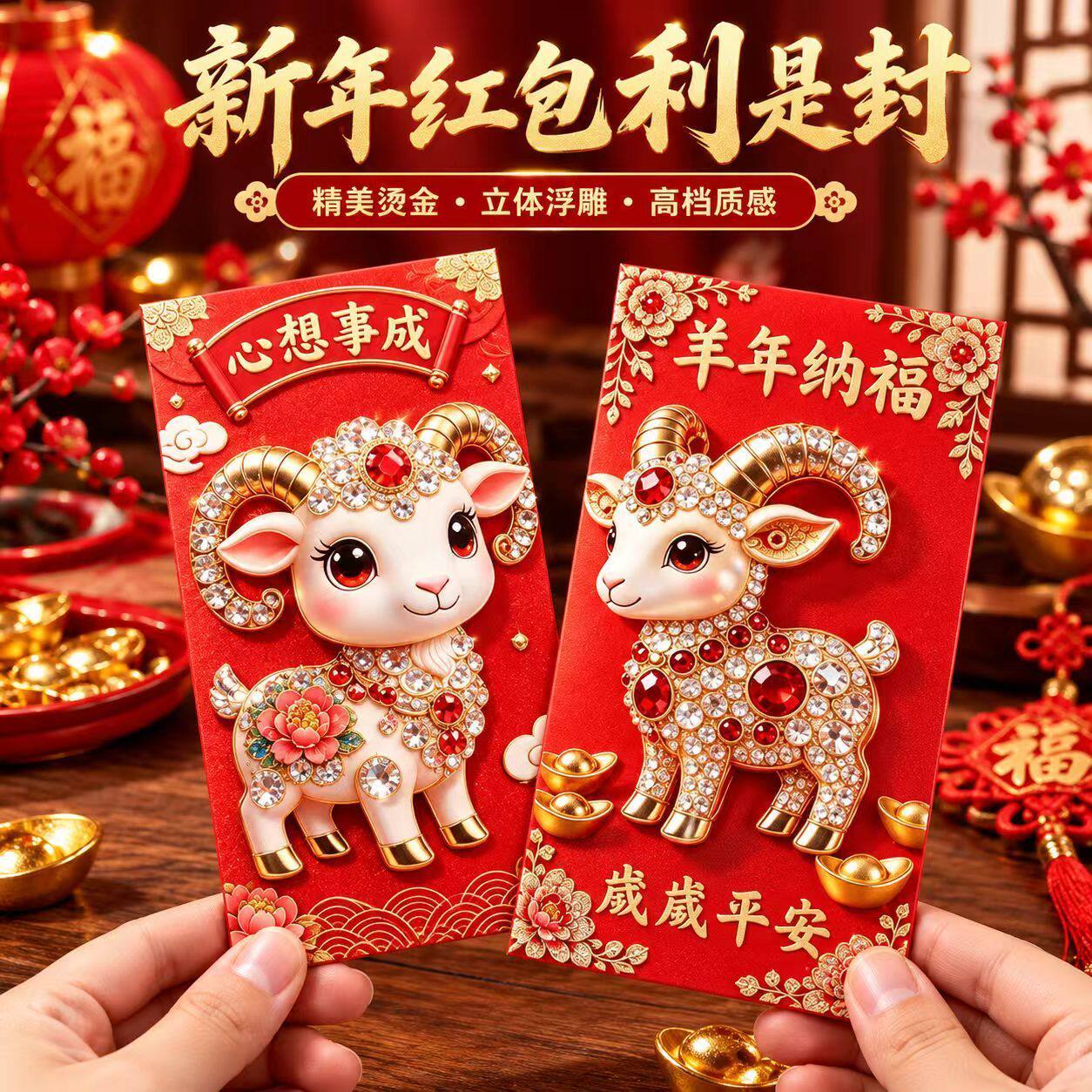 高颜值爆款2027羊年新年红包高档彩印立体视觉钻石小羊创意利是封