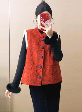 2025冬季新中式拜年服棉马甲女国风复古红色百搭休闲加厚外穿背心