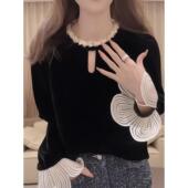 口衬衣 高级感气质设计感丝绒蕾丝花边独特别致花边袖 长袖 2025新款