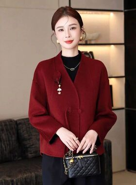 杭州新中式红色双面毛短款毛呢外套女V领高端百搭羊绒大衣外套