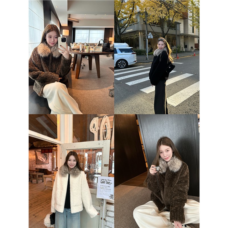 蝶宝嘻高密颗粒感晕染毛领皮草