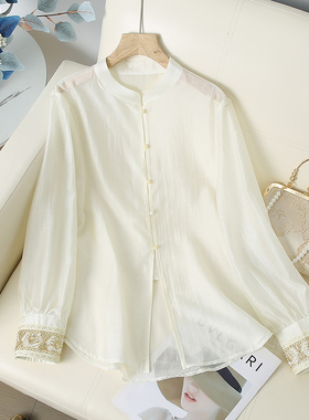 新中式国风打底衬衫复古刺绣内搭衬衣薄纱立领长袖上衣配马甲女夏