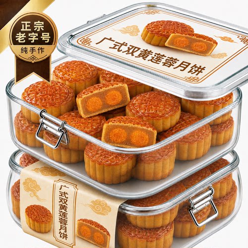 广式手工双黄白莲蓉月饼礼盒