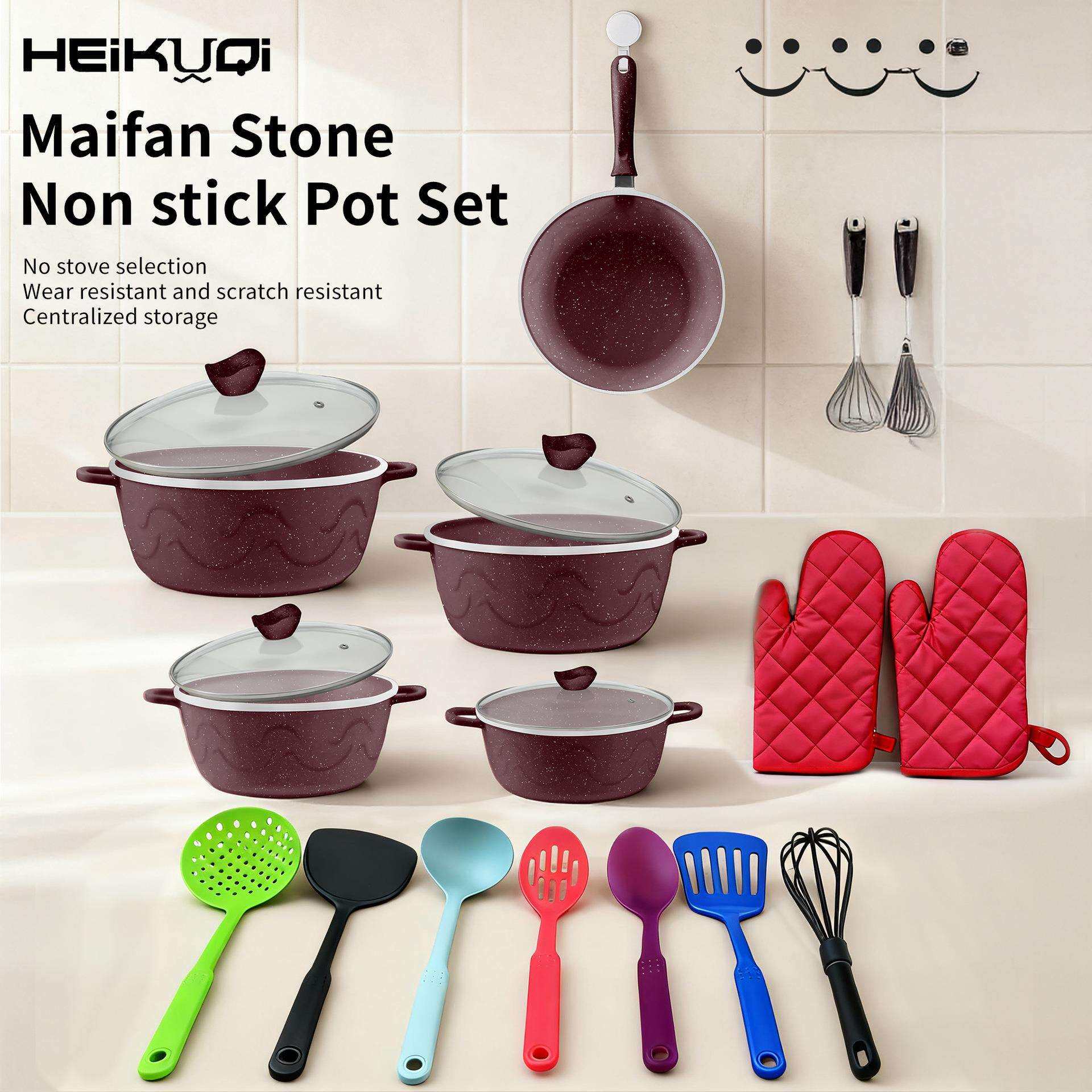 新品heykuqi19pc不粘锅具套装铝压铸家用厨房烹饪炊具不粘锅具