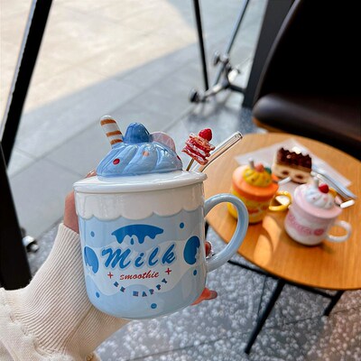 韩式带盖勺马克杯少女心学生冰淇淋陶瓷杯早餐咖啡牛奶家用喝水杯