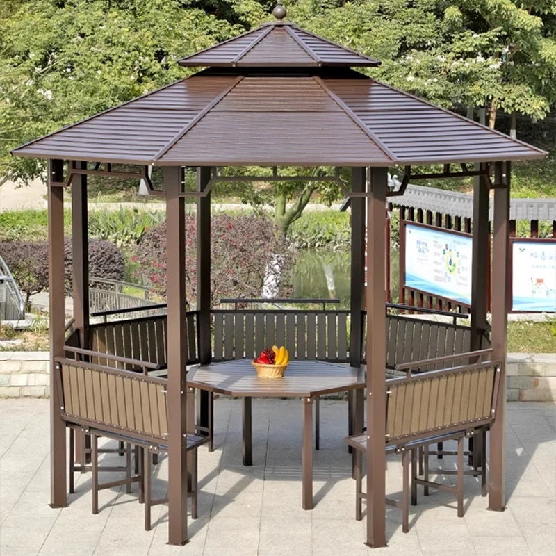 户外凉亭六角亭别墅庭院花园遮阳棚雨棚镀锌板凉棚休闲八角亭子