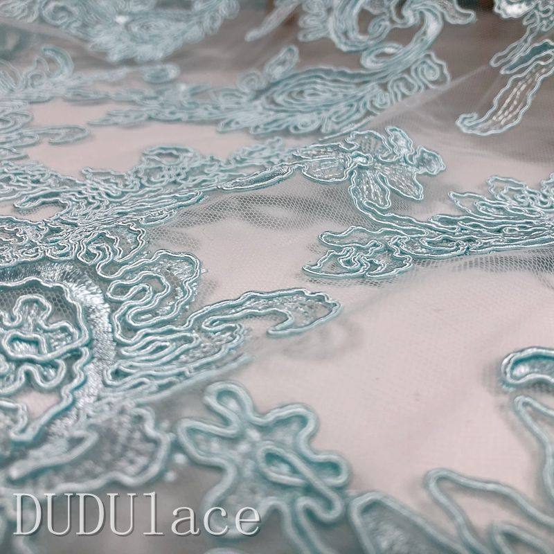 股绳网纱骨线绣湖蓝色婚纱提花重工蕾丝面料服装花边车骨布料辅料